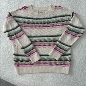 LOFT Cream Sweater with Pink, Green, and Brown Stripes